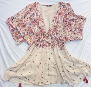 Zudio Boho Paisley Tunic Dress Small Deep V-Neck Flutter Sleeve Summer Beach